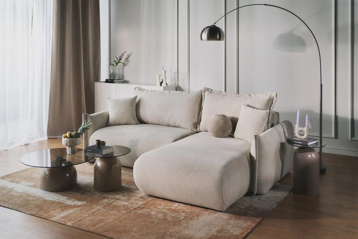 ECKSOFA Cushi Hellbeige-Chenille - Ecru/Schwarz, Kunststoff/Textil (183/252cm) - Selsey