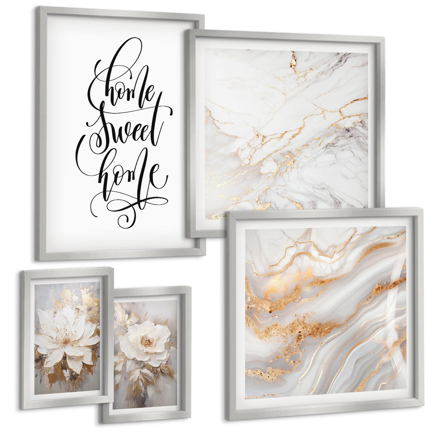 BILDER SET 5er Set - 50x50 cm & 20x30 cm & 40x60 cm Silberner Rahmen - Porträt von Blumen in intensiven Farben - Silberfarben, Kunststoff (40/60cm) - TULUP