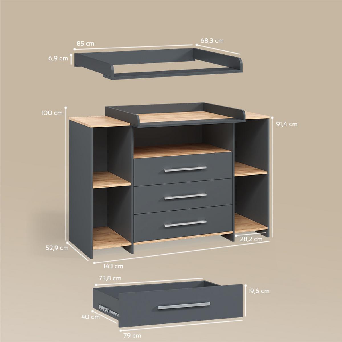WICKELKOMMODE Torino Anthrazit/Goldkraft Eiche mit 3 Schubladen - Honigeiche/Anthrazit, Holzwerkstoff (143.2/93/53.1cm) - Livinity®