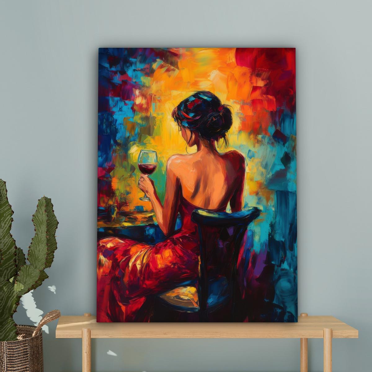 LEINWANDBILD Wein - Frau - Stimmungsvoll - Farbenfroh Wandbild Wohnzimmer 60x80 cm - Bordeaux, Textil (60/80cm) - MuchoWow