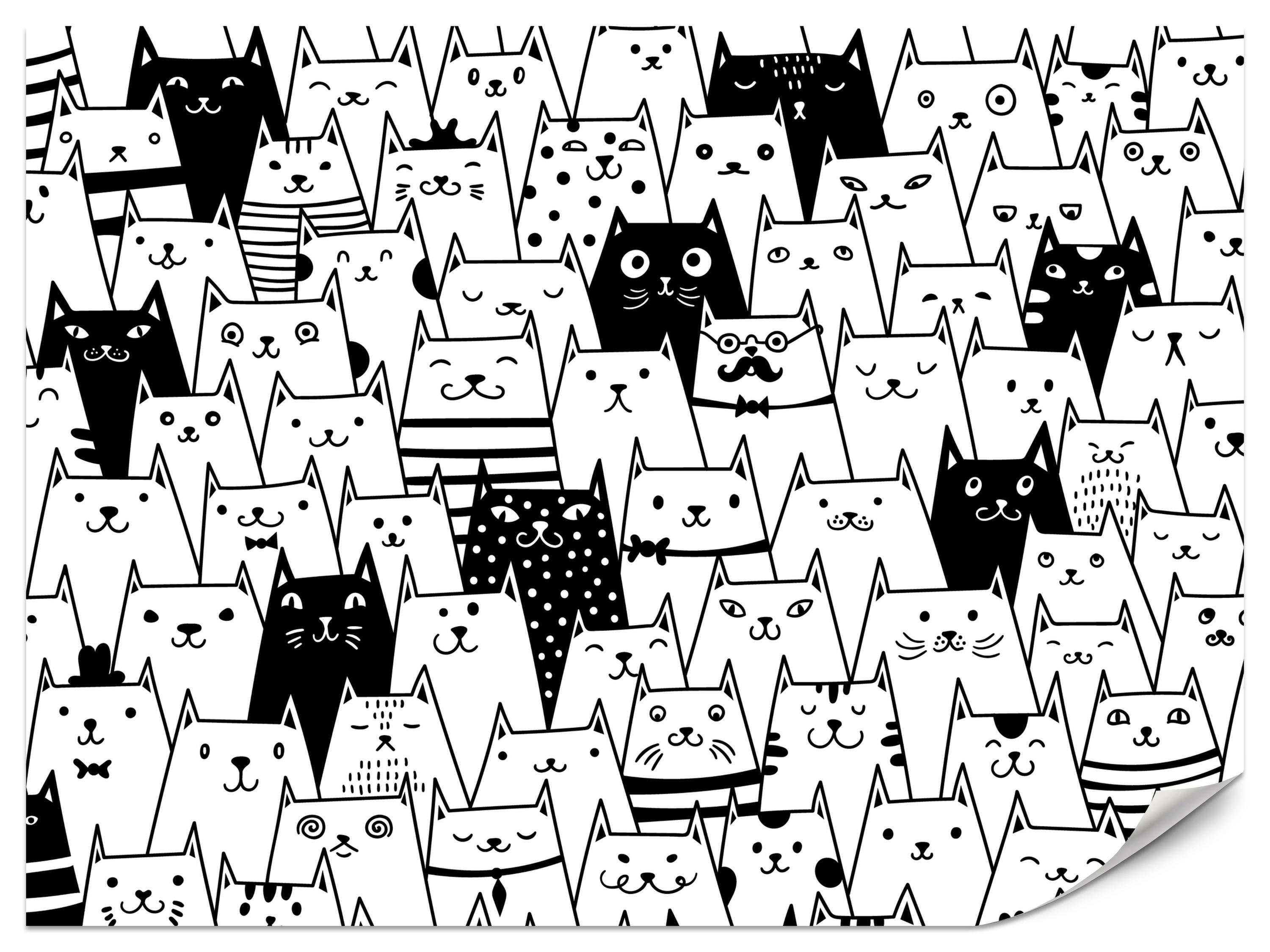 FOTOTAPETE für Kinderzimmer Schwarze Weiße Comic Katzen 100x70 - Schwarz/Weiß, Papier (100/70cm) - Muralo