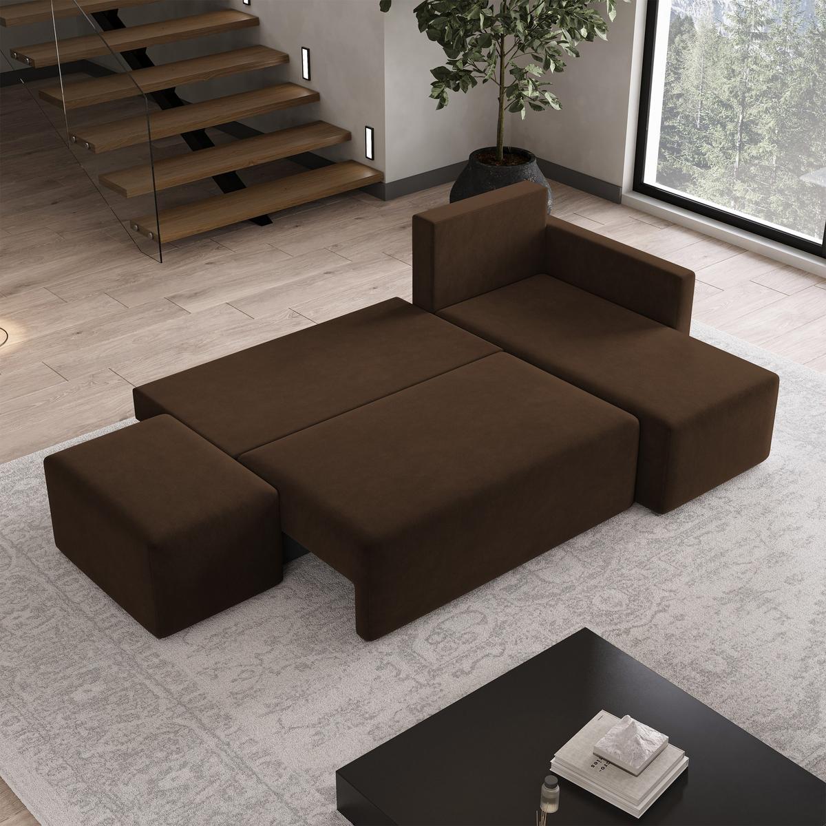 ECKSOFA VELOTTI R-S Braun Plüsch-Stoff mit Schlaffunktion - Braun, Holz (261/143cm) - MASSENO