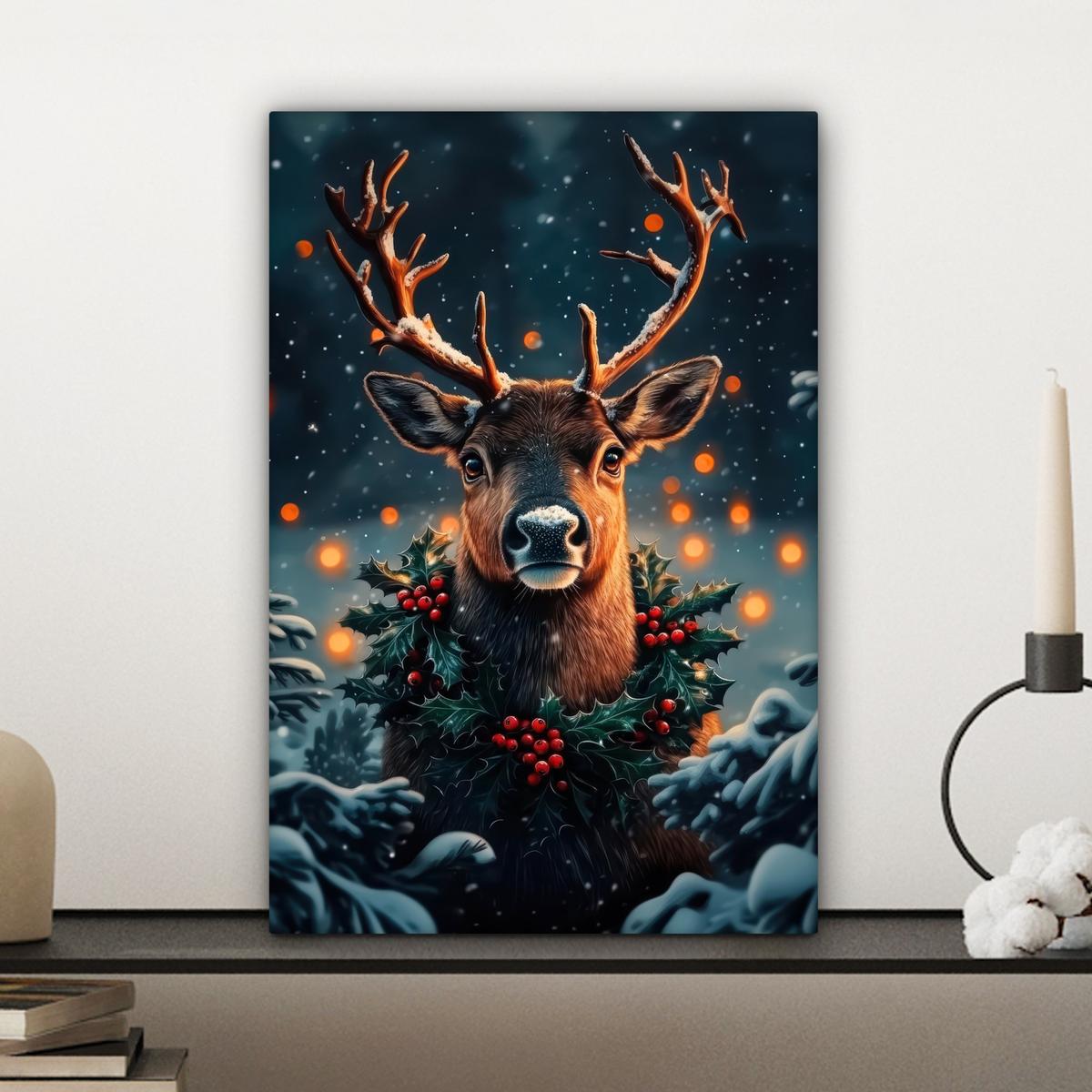 LEINWANDBILD Hirsch - Weihnachten - Winter - Schnee - Weihnachtskranz Deko Wohnzimmer 20x30 cm - Dunkelbraun, Textil (20/30cm) - MuchoWow