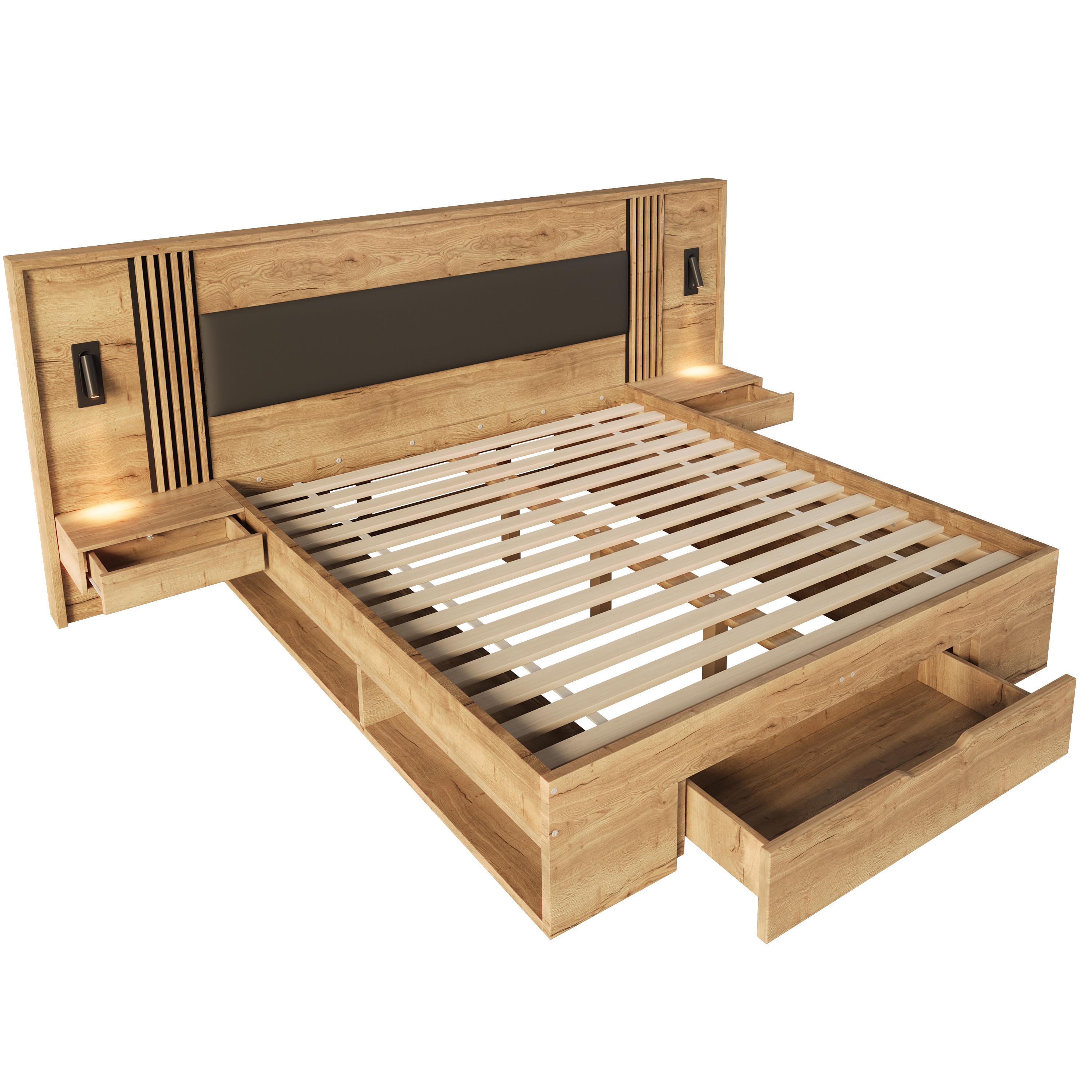 BETT in naturfarbe mit pu-kopfteil, mit stauraum und leselampen - Naturfarben, Holzwerkstoff (180/200cm) - Urban Meuble