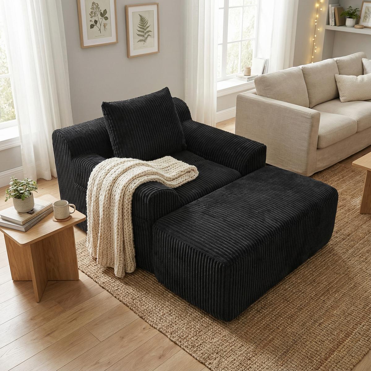 SESSEL mit Hocker in Cord Übergroßer Relaxsessel - Schwarz, Textil (110/67/147cm) - Urban Meuble