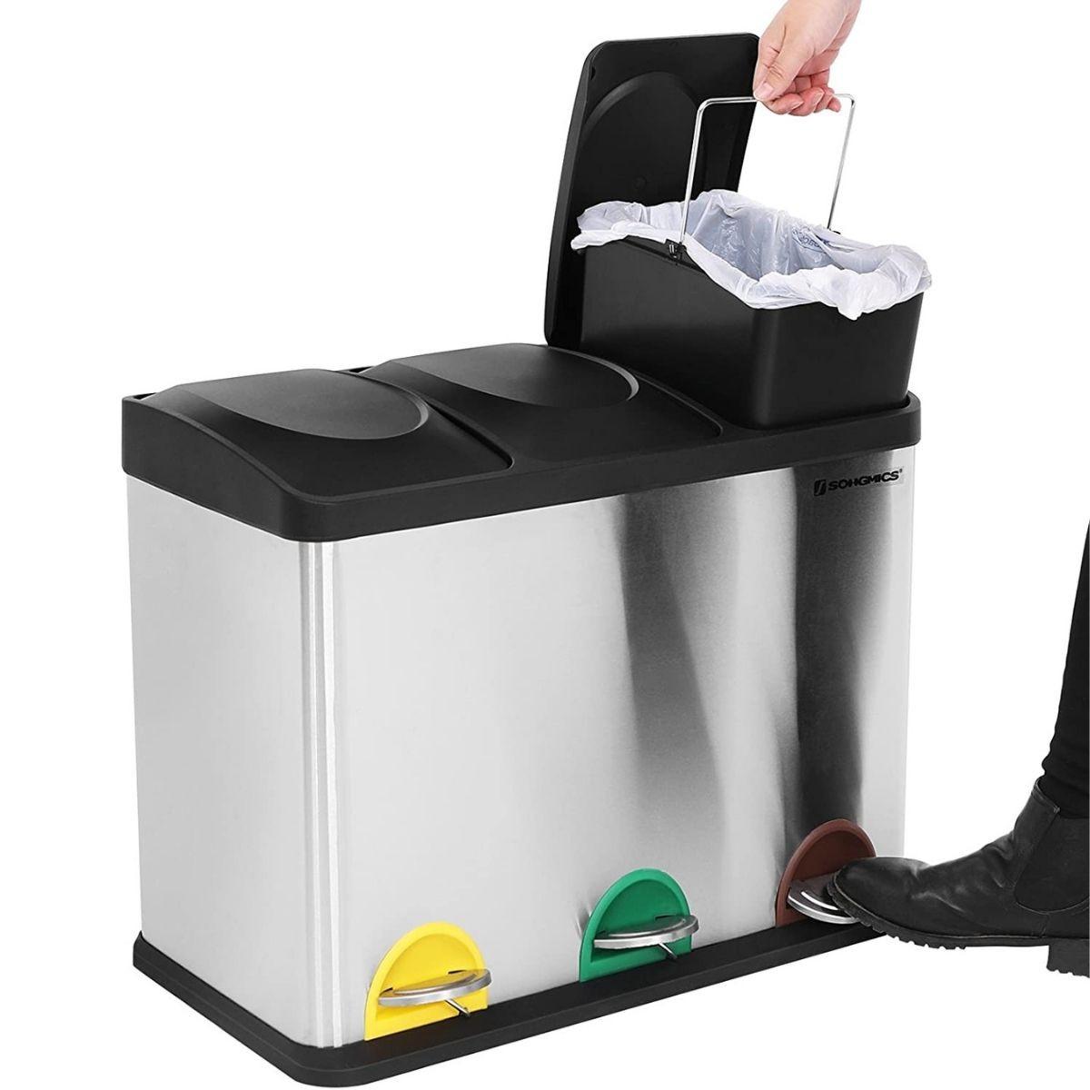 ABFALLEIMER mit 3 Behältern 45L mit Pedal silbergrau - Silberfarben, Metall (33/48/64cm) - Calicosy