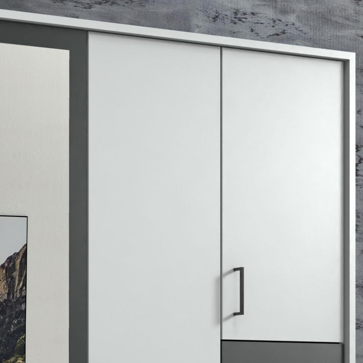 DREHTÜRENSCHRANK B228/H210/T58 cm in Weiß mit Absetzungen in Grafit, Kleiderschrank mit Passepartout&1 Spiegeltür&Schubkästen, Griffe schwarz / 22572 - Graphitfarben/Schwarz, Holzwerkstoff/Kunststoff (228/210/58cm) - luma-home