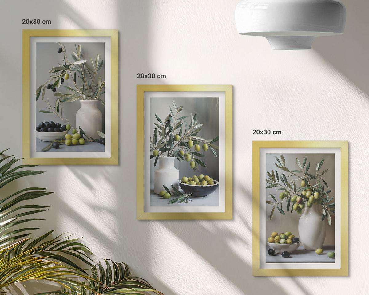 BILDER SET 3er Set - 20x30 cm Goldrahmen - Oliven in grauen Vasen - Goldfarben, Kunststoff (20/30cm) - TULUP