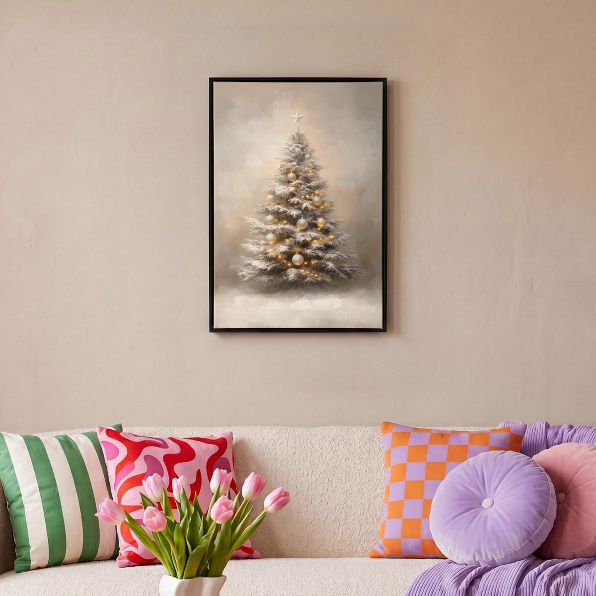 LEINWAND Bilder mit Rahmen - Weihnachten - Weihnachtsbaum - Schnee - Kunst - 40x60 - Champagner, Textil (40/60cm) - MuchoWow