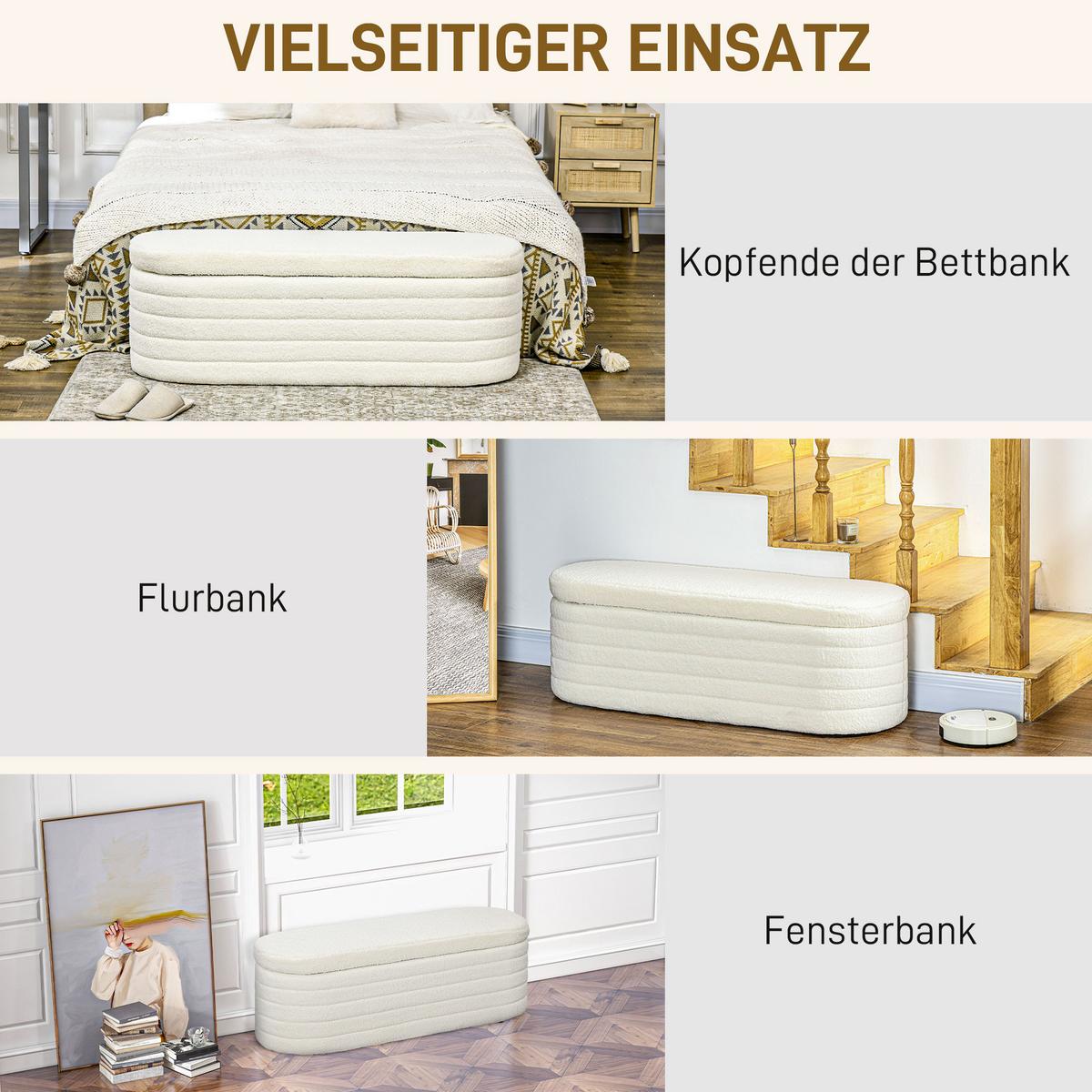 TRUHENBANK Teddy-Vlies-Optik, Bettbank mit Holzbeine - Weiß, Kunststoff (41/40.5/116cm) - HOMCOM