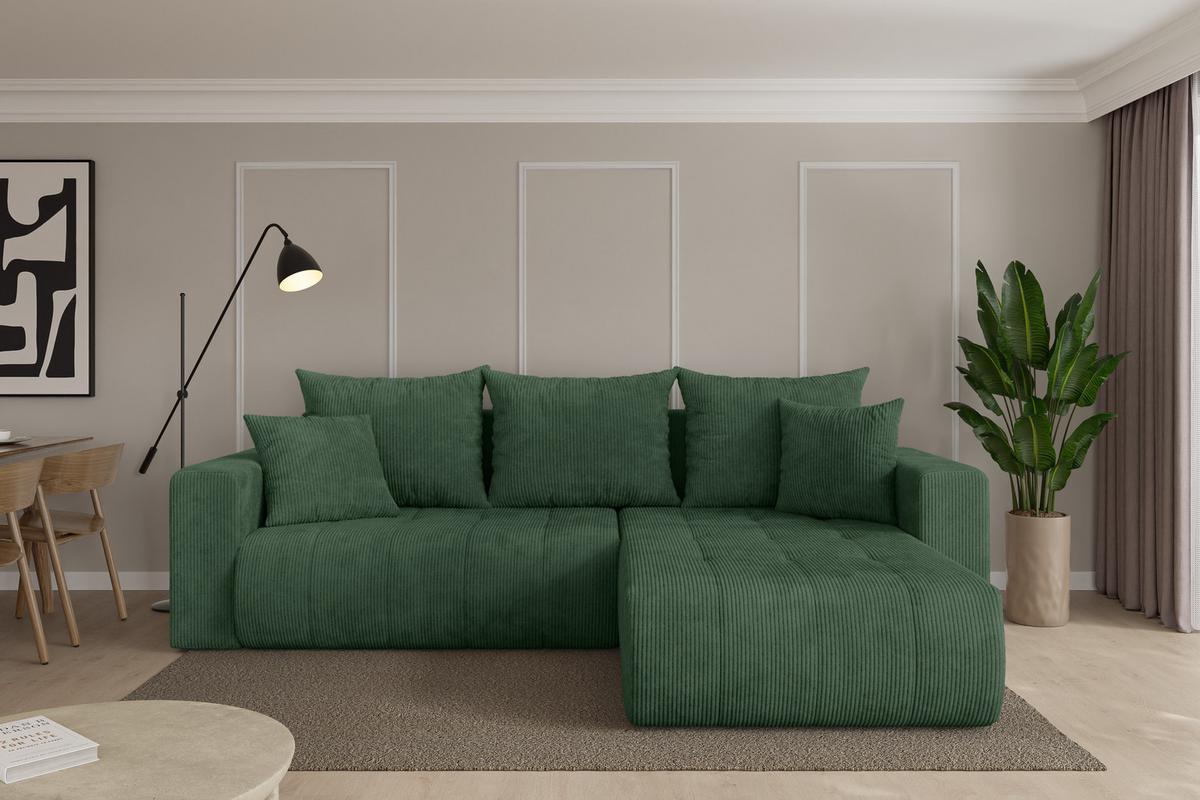 ECKSOFA mit Schlaffunktion Ottomane Rechts MILA-L 277x194x86 Grün Cord - Dunkelgrün/Schwarz, Holzwerkstoff/Kunststoff (277/194cm) - ALTDECOR