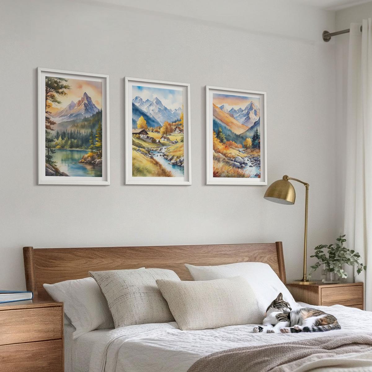 BILDER SET 3er Set - 40x60 cm Weißer Rahmen - Berglandschaft mit einem Fluss - Weiß, Kunststoff (40/60cm) - TULUP
