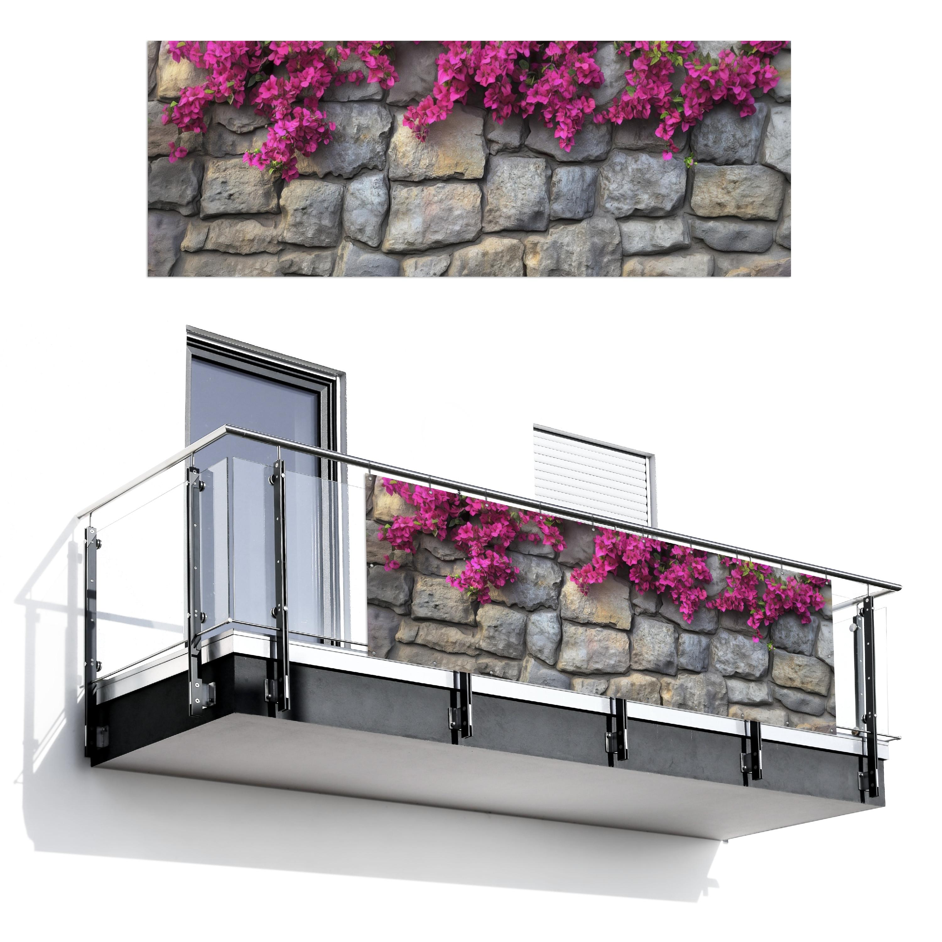 BALKON-SICHTSCHUTZ Bougainvillea - Steinmauer - Rosa Balkon Deko 300x110 cm - Magenta, Kunststoff (300/110cm) - MuchoWow