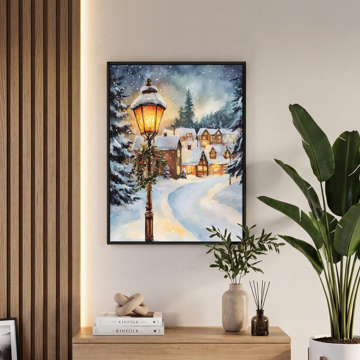 LEINWAND Bilder mit Rahmen - Weihnachtsdorf - Häuser - Schnee - Weihnachten - 50x70 - Sandfarben, Textil (50/70cm) - MuchoWow