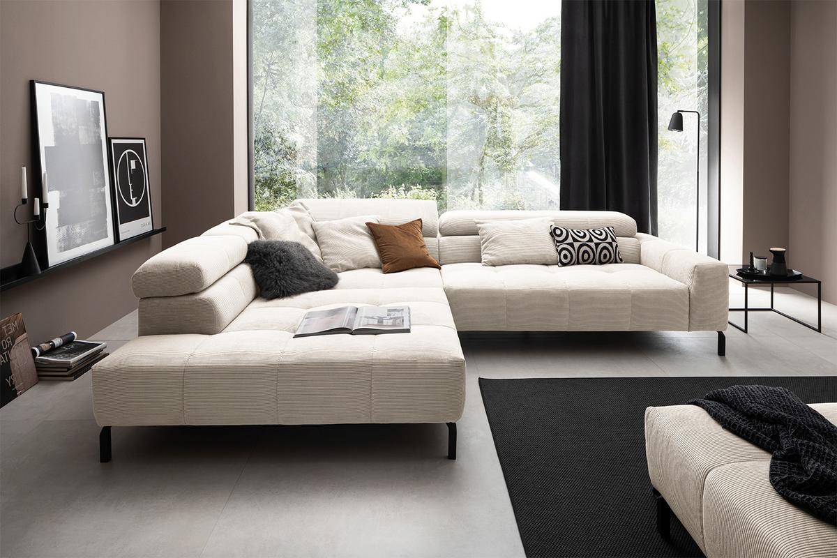 ECKSOFA OHIO Weiß Cord - Schwarz/Weiß, Textil/Metall (311/219cm) - KAWOLA