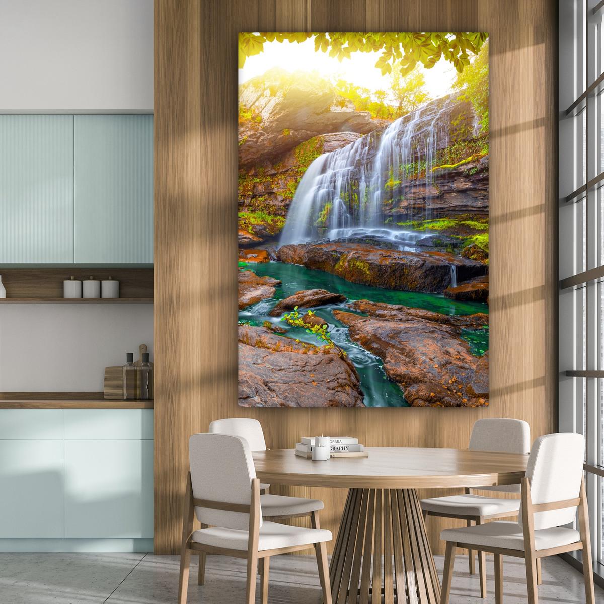 LEINWANDBILD Natur - Wasserfall - Pflanzen - Bäume - Sonne Deko Groß 90x140 cm - Olivgrün, Textil (90/140cm) - MuchoWow