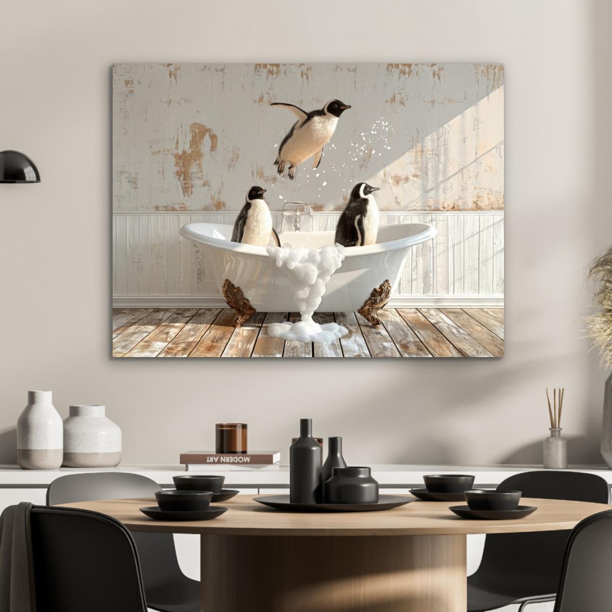 METALLBILD Vintage - Pinguin - Badewanne - Schaumstoff 80x60 cm - Schwarz, Metall (80/60cm) - MuchoWow