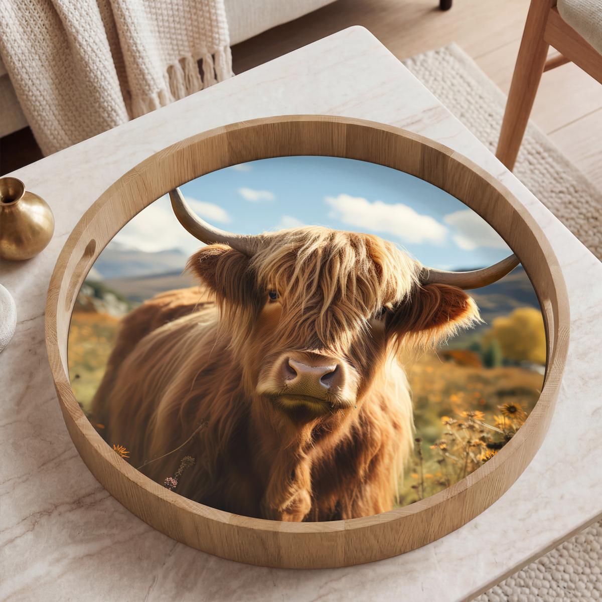 TABLETT Schottische Highlander - Blumen - Hörner - Wolken 50x50 cm - Braun, Holz (50/5/5cm) - OnlyWow
