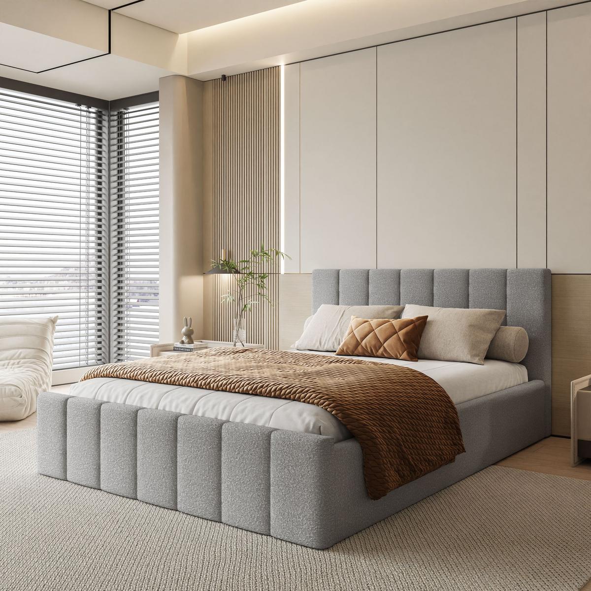 POLSTERBETT ELISE 180x200 cm Ascot Toffe, Kopfteil 95 cm, 34 Holzlatten - Grau, Textil (180/200cm) - Lookway