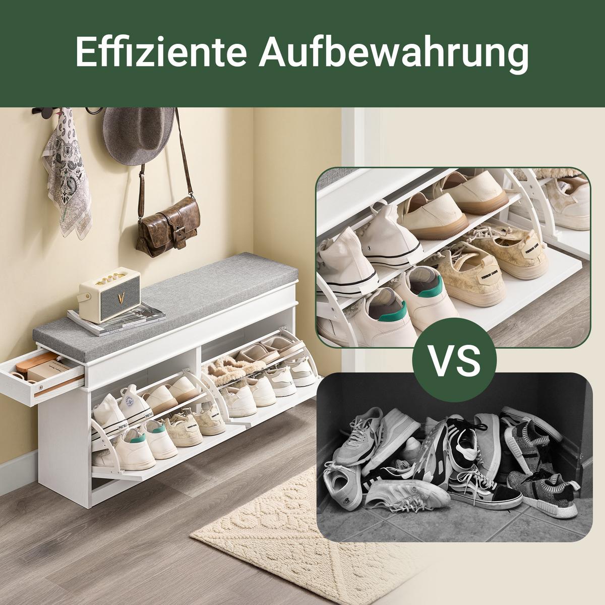 SCHUHBANK mit Sitzfläche und 2 Klappen, Weiß 104x54x24cm - Weiß, Holzwerkstoff (104/54/24cm) - SoBuy