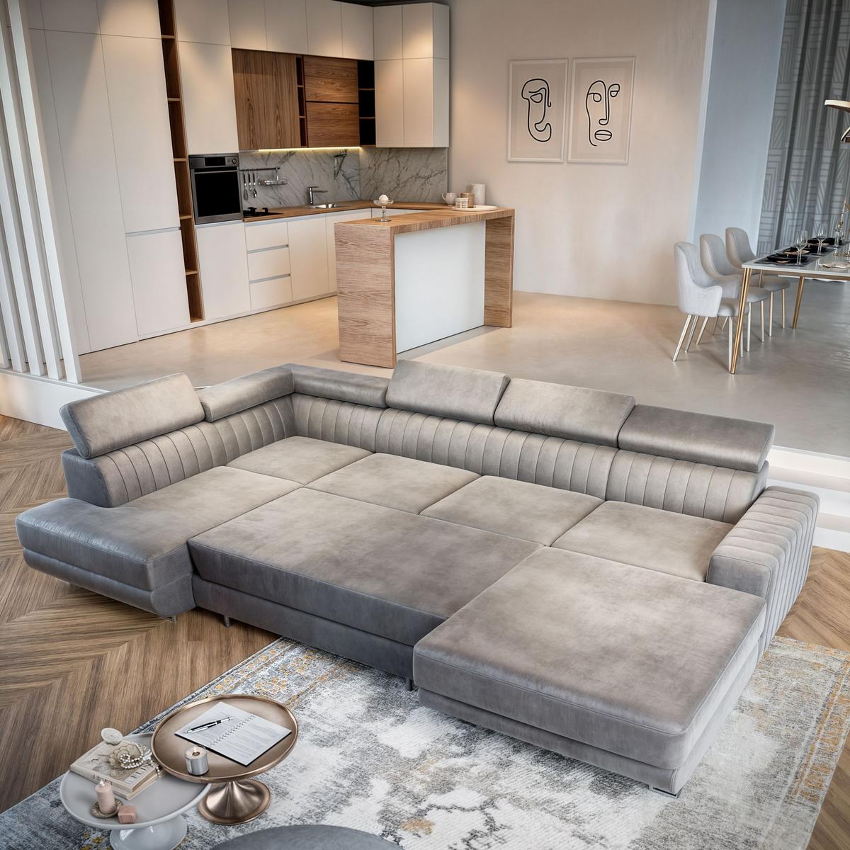 WOHNLANDSCHAFT SIENA R-S Braun Velours-Stoff mit Schlaffunktion - Silberfarben/Braun, Holz/Textil (335/89/190cm) - MASSENO