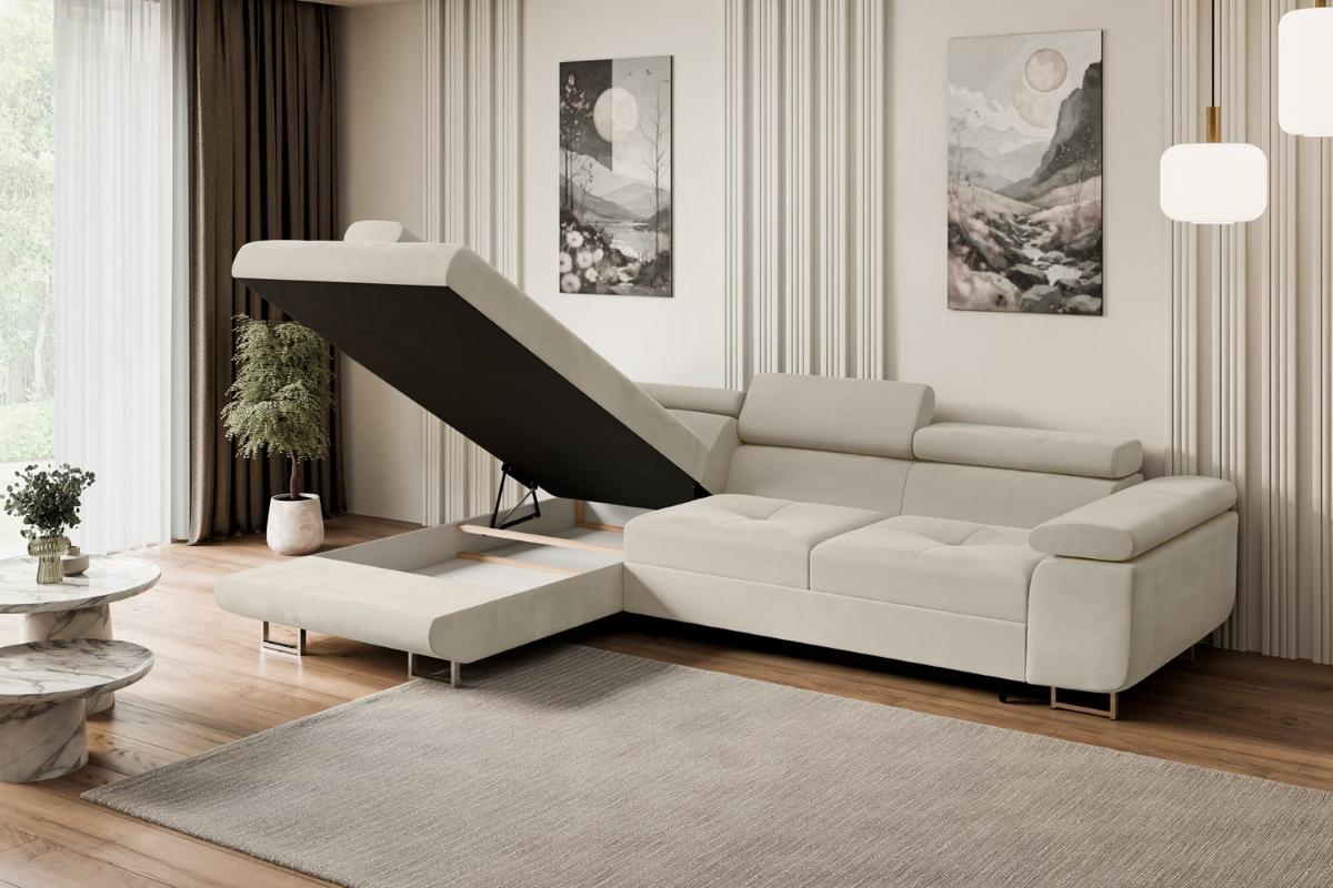 ECKSOFA mit Schlaffunktion und Bettkasten GUSA-L 272x202x107 cm Beige Velours - Beige/Silberfarben, Holzwerkstoff/Textil (202/272cm) - ALTDECOR