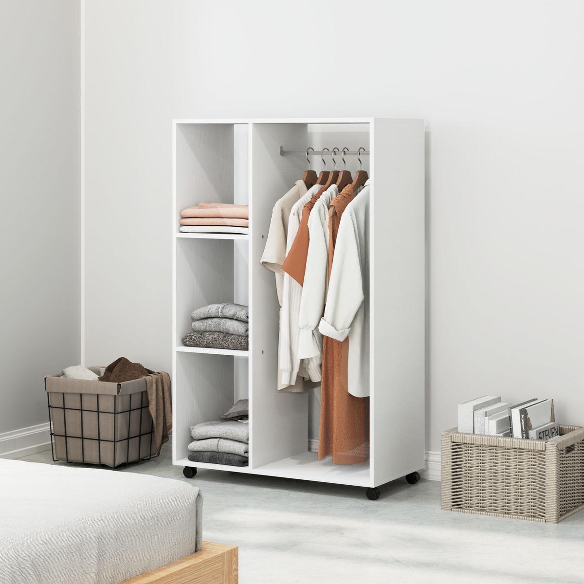 KLEIDERSCHRANK-AUF-ROLLEN Spanplatte Aluminiumlegierung Weiß - Weiß, Holz (40/128/80cm) - HOMCOM