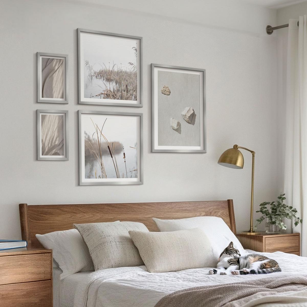 BILDER SET 5er Set - 50x50 cm & 20x30 cm & 40x60 cm Silberner Rahmen - Nahaufnahmen der Struktur im Boho-Stil - Silberfarben, Kunststoff (40/60cm) - TULUP
