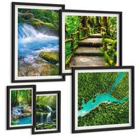 BILDER SET 5er Set - 50x50 cm & 20x30 cm & 40x60 cm Schwarzer Rahmen - Grüne Berge, Flussfelsen - Schwarz, Kunststoff (40/60cm) - TULUP