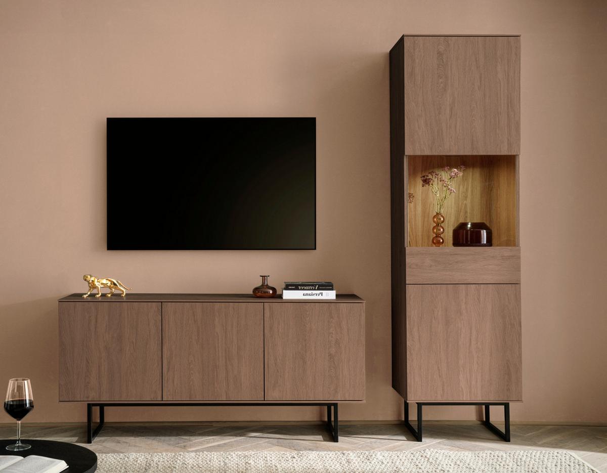 WOHNWAND in Nussbaum 2-teilig 220 cm, Komplett-Set mit Push-to-Open - Nussbaumfarben/Schwarz, Glas/Holzwerkstoff (220/200/40cm) - Furn.Design
