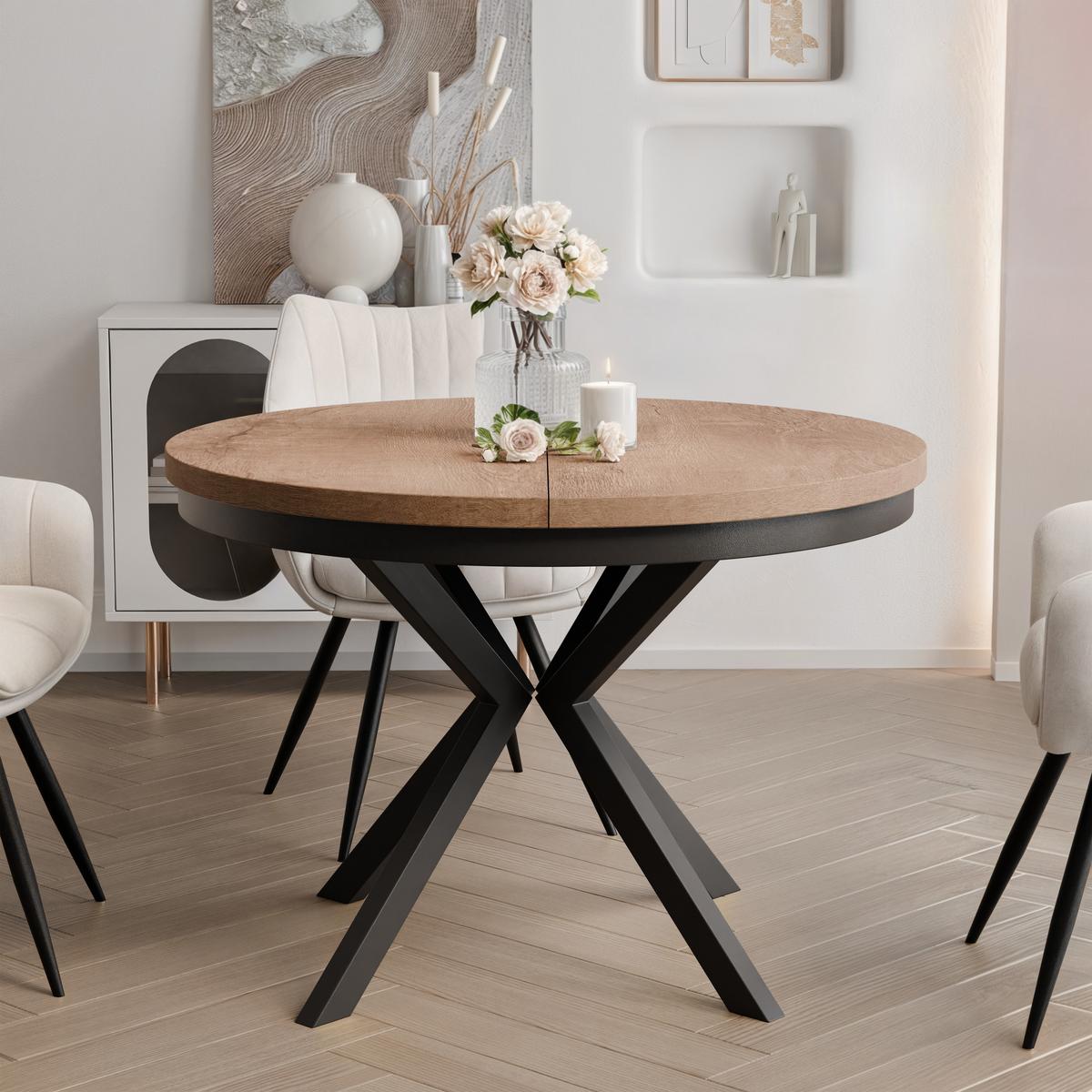 AUSZIEHTISCH MILTON 90-166/76 cm mit Metallgestell und Zarge, Schwarz / Lefkas-Eiche - Schwarz/Eiche San Remo, Holzwerkstoff/Metall (90/90/76cm) - Idohome