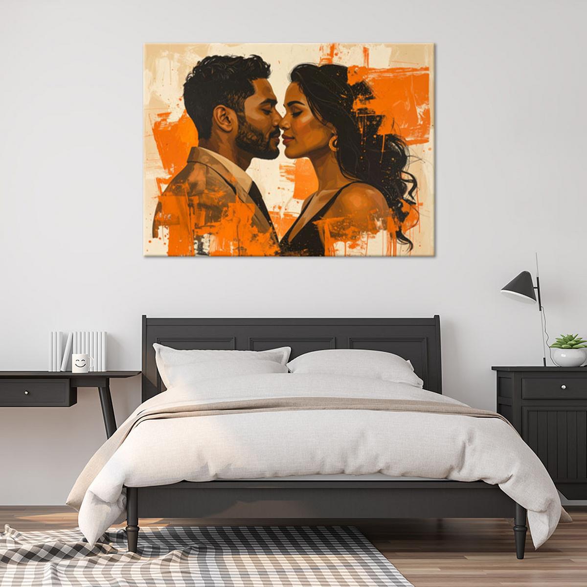 WANDBILD, Verliebtes Paar in einer warmen orangefarbenen Komposition - Orange, Textil (120/80cm) - Feeby