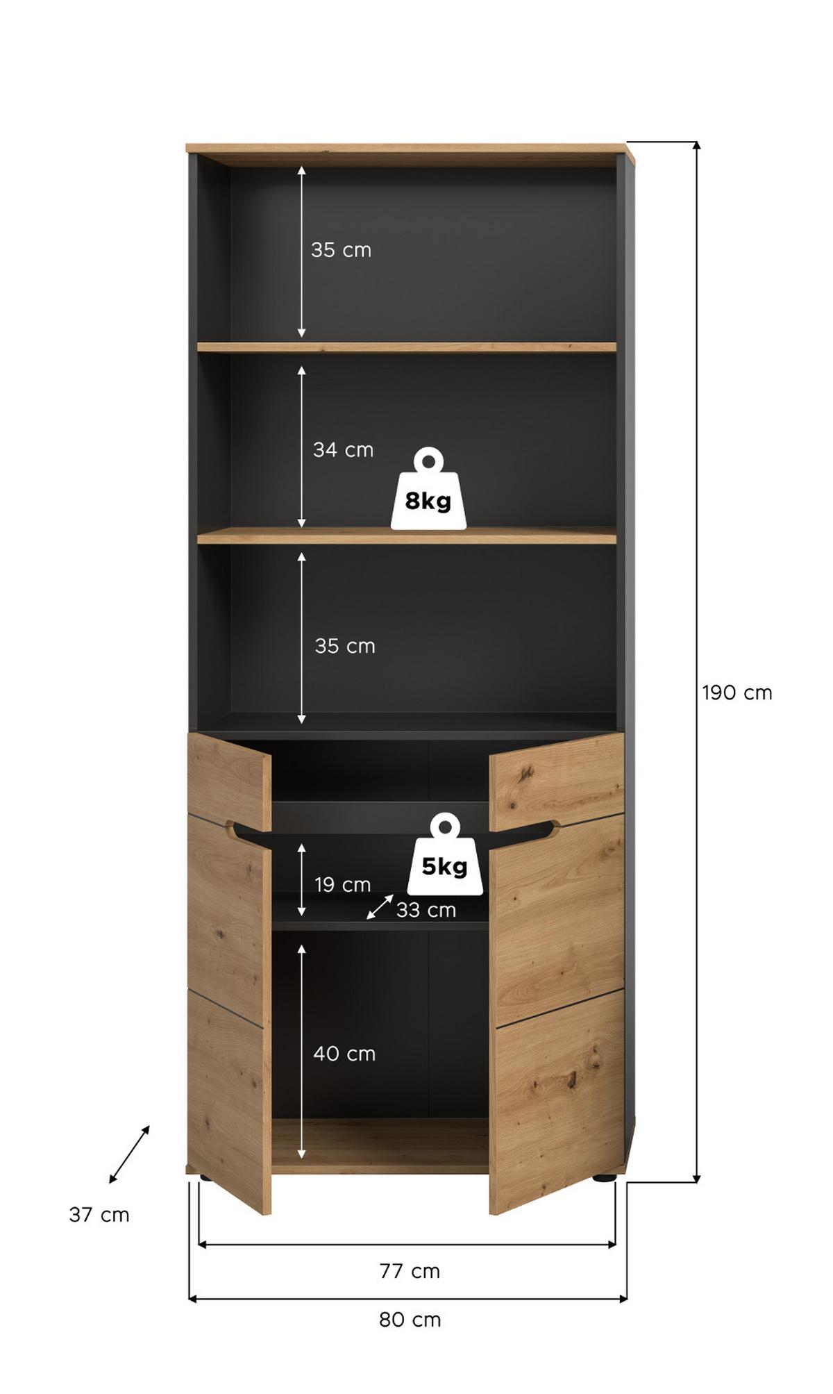 AKTENSCHRANK Eiche Artisan, Grau 80 x 190 cm, Büroschrank mit Soft-Close - Schwarz/Eiche Artisan, Holzwerkstoff/Kunststoff (80/190/37cm) - Inn.Furn