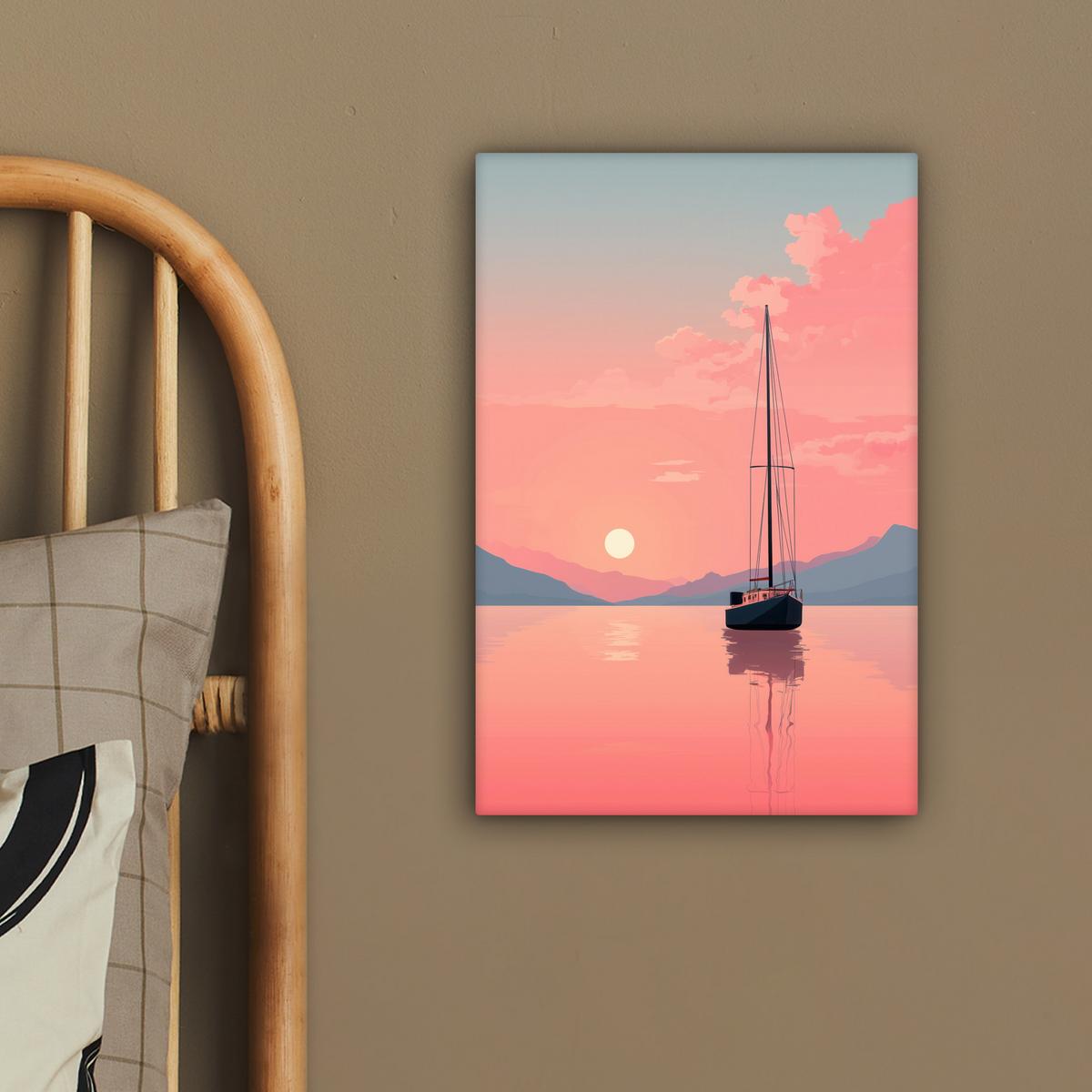 LEINWANDBILD Segelboot - Rosa Meer - Sonnenuntergang - Berge Deko Wohnzimmer 20x30 cm - Rosa, Textil (20/30cm) - MuchoWow