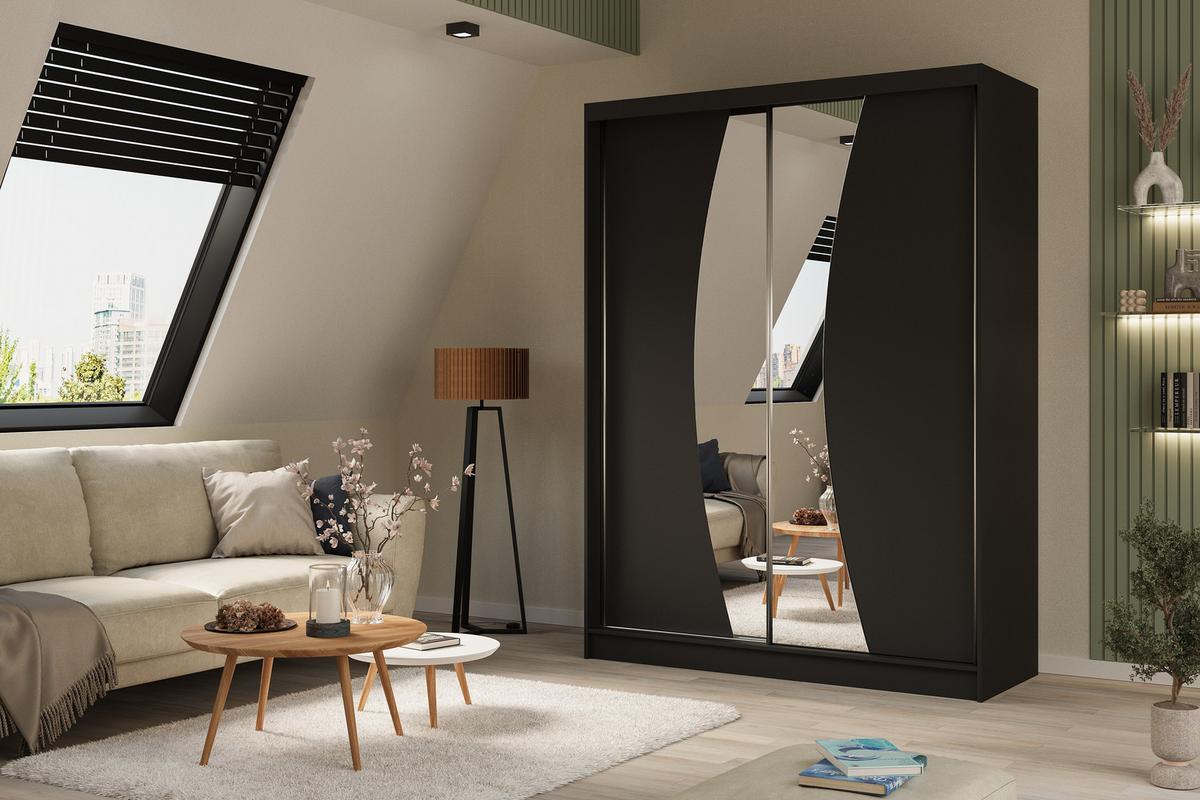KLEIDERSCHRANK mit Spiegel-Schiebetüren und Aluminium-Leisten - VOXI - 160 cm Schwarz - Schwarz, Holzwerkstoff (160/216/61cm) - ALTDECOR