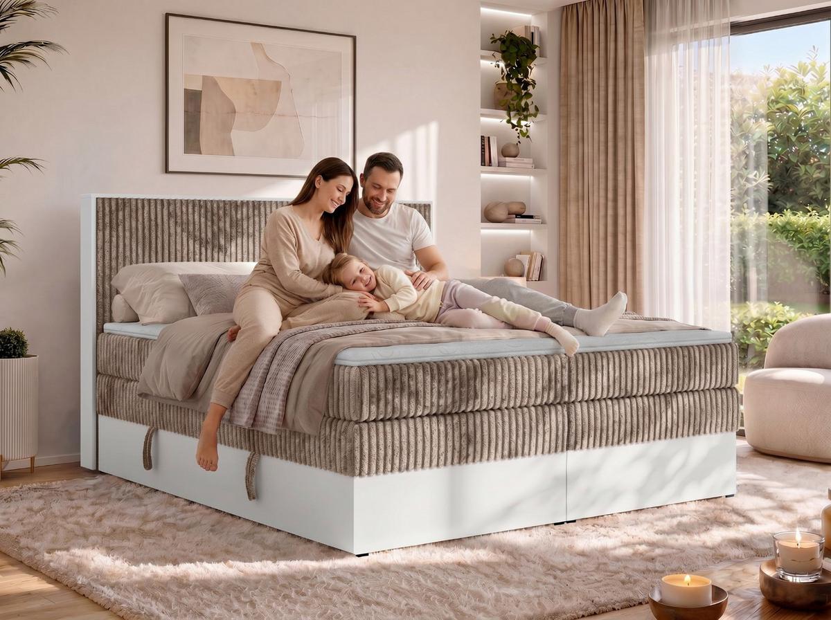 BOXSPRINGBETT TRAVIT KING 140/200 - Hellbraun Cord - Topper Visco - H3 - Hellbraun/Schwarz, Kunststoff/Textil (140/200cm) - MKS