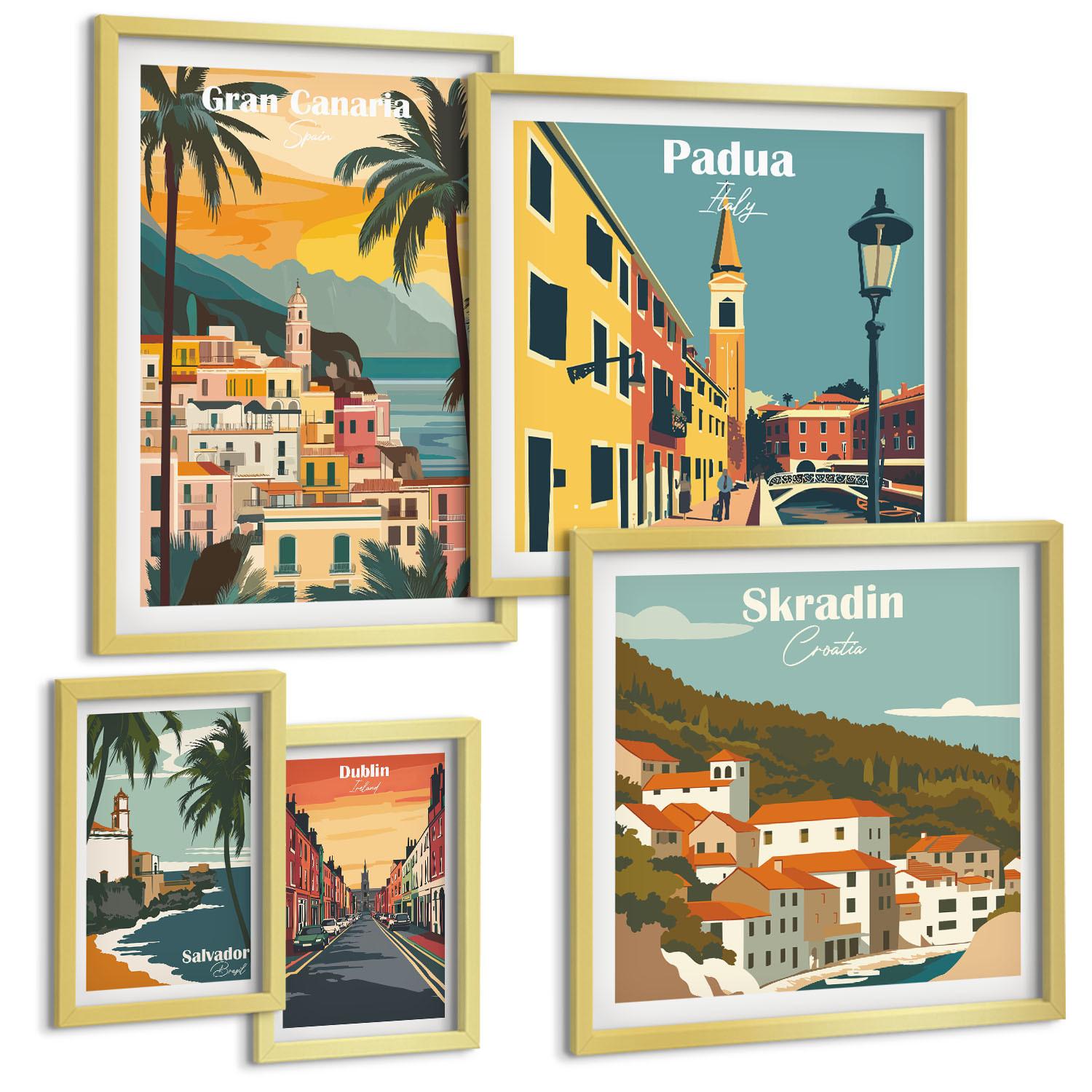 BILDER SET 5er Set - 50x50 cm & 20x30 cm & 40x60 cm Goldrahmen - Retro-Stadtansichten Sedona Sintra - Goldfarben, Kunststoff (40/60cm) - TULUP