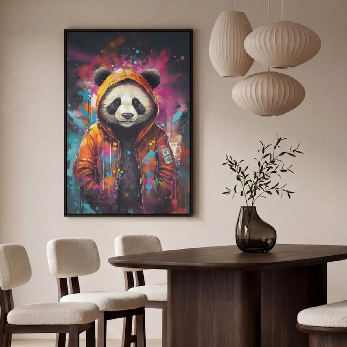 LEINWAND Bilder mit Rahmen - Panda - Jacke - Graffiti - Orange - 100x150 - Orange, Textil (100/150cm) - MuchoWow