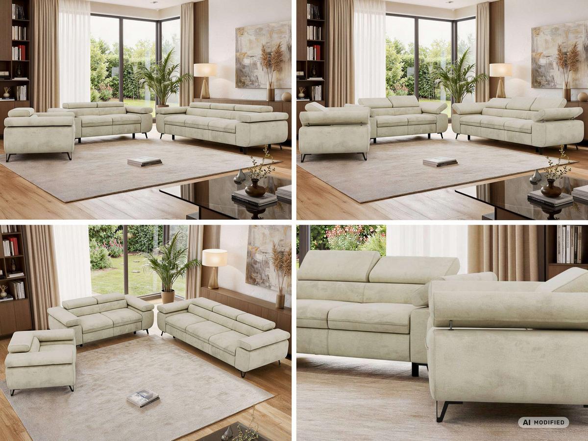 SITZGARNITUR PETER 1+2+3 - Beige Velvet - Beige/Schwarz, Textil/Metall (262/76/99cm) - MKS