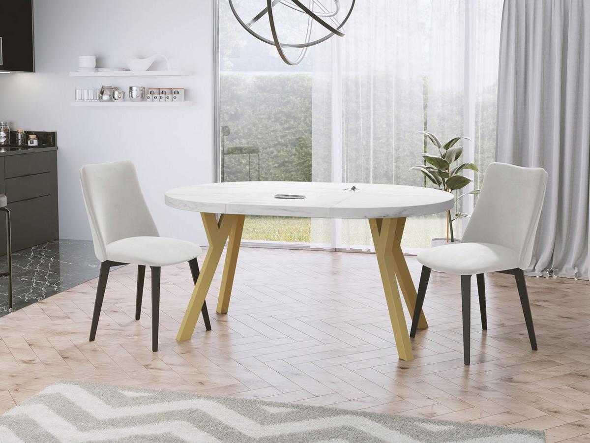 ESSTISCH Mateo runder ausziehbarer, Marmor Weiß 100-150/100/76 cm - Ecru/Goldfarben, Holz/Holzwerkstoff (100/150/76cm) - WFL GROUP