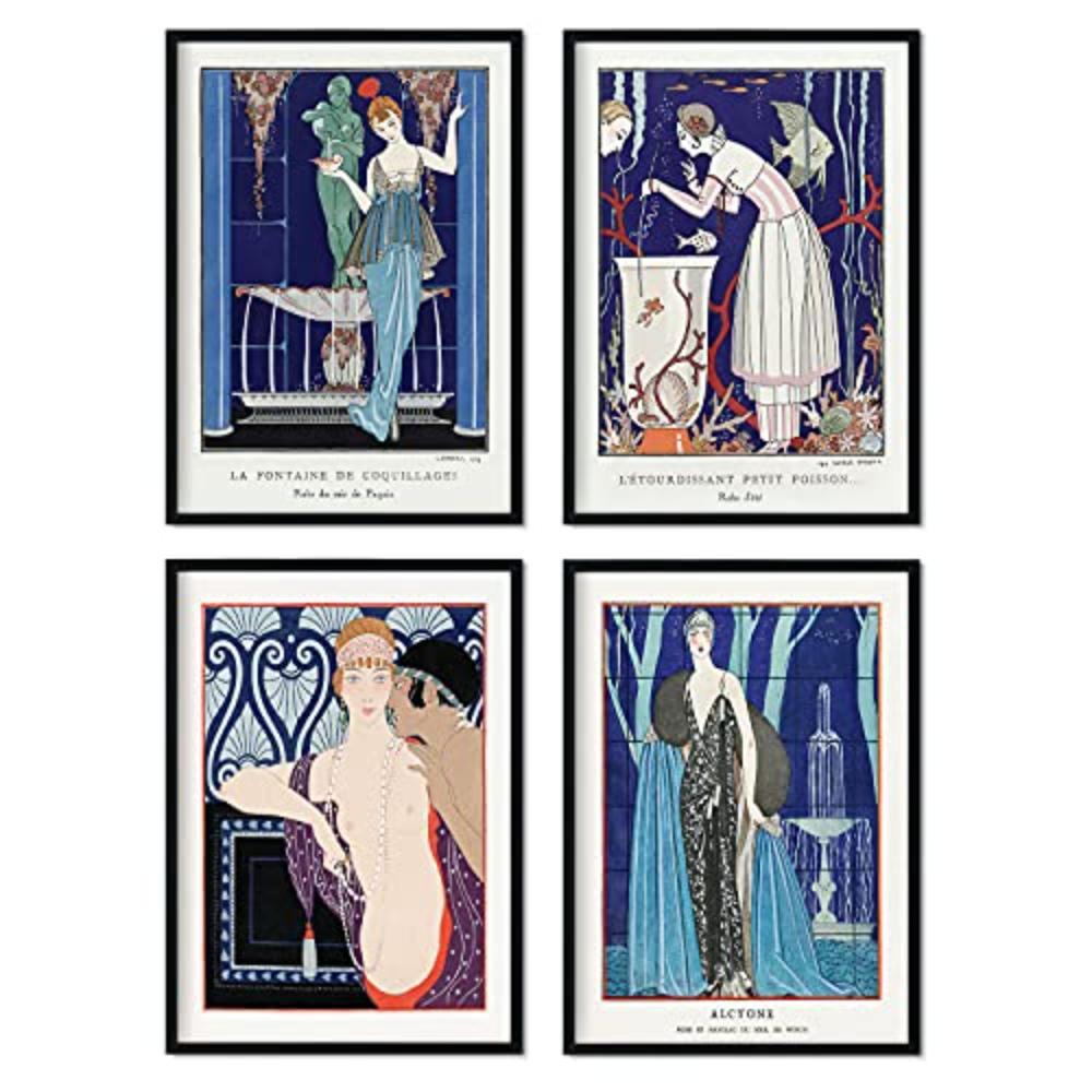 POSTER Set mit 4 Blau Töne vom Künstler George Barbier A3 Schwarzer Rahmen - Schwarz, Papier (29.7/3cm) - Nacnic