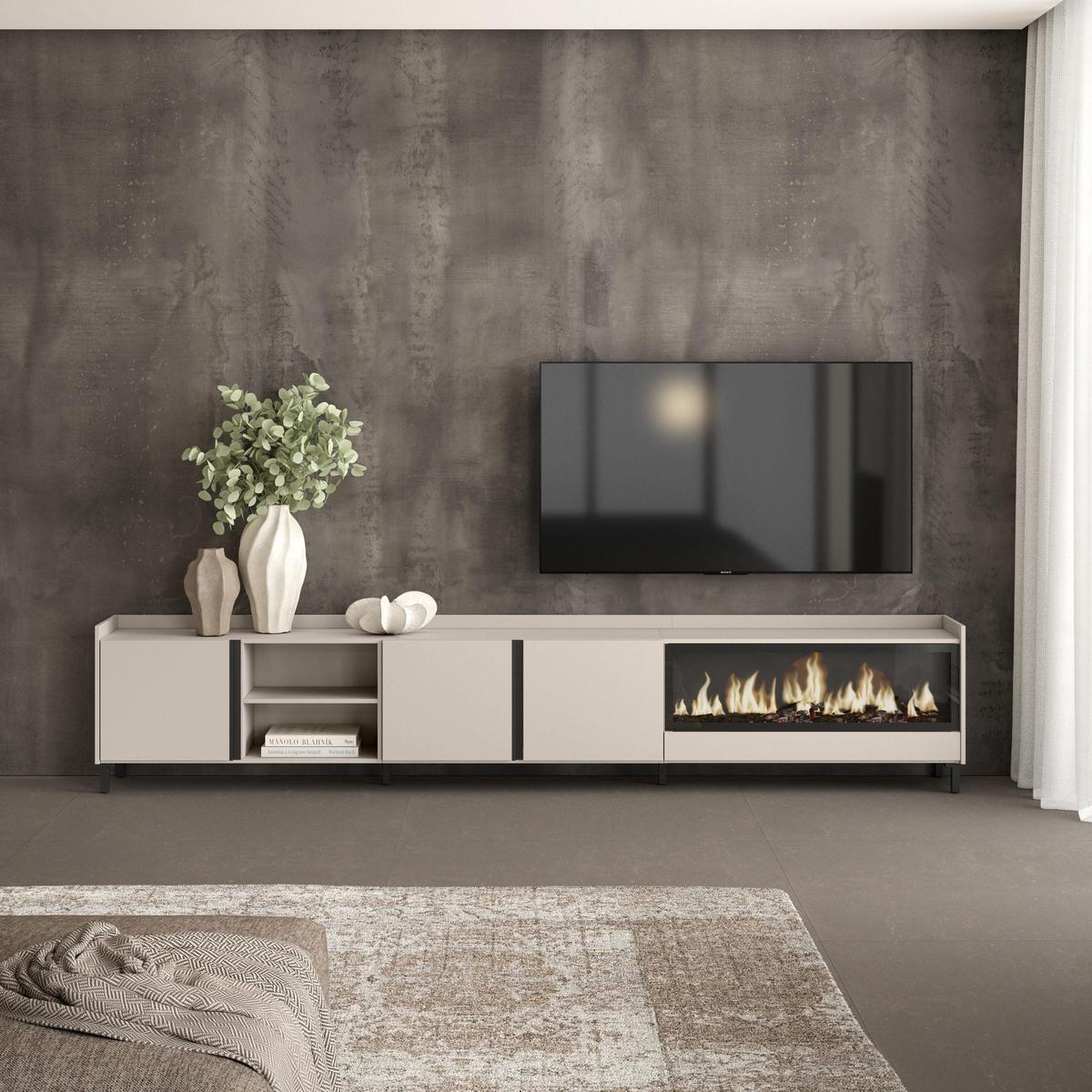 LOWBOARD, Beige, 315/35/61cm, Kamin mit Feuereffekt XXL - Beige, Holzwerkstoff (315/61/35cm) - Skraut Home
