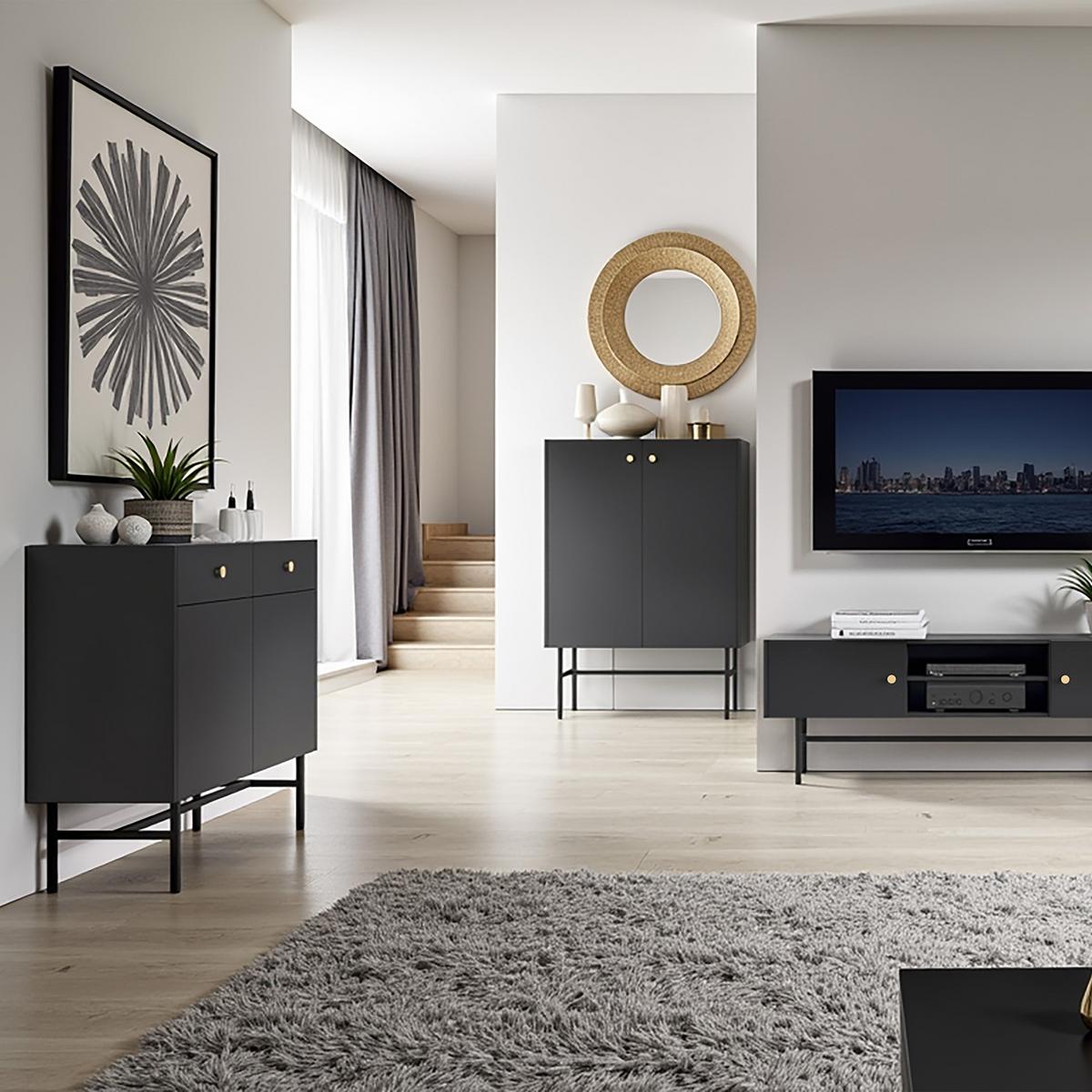 HIGHBOARD Dalia mit 2 Türen und Metallbeinen, 104 cm, Schwarz - Schwarz, Holzwerkstoff/Metall (93/132/39cm) - Beautysofa