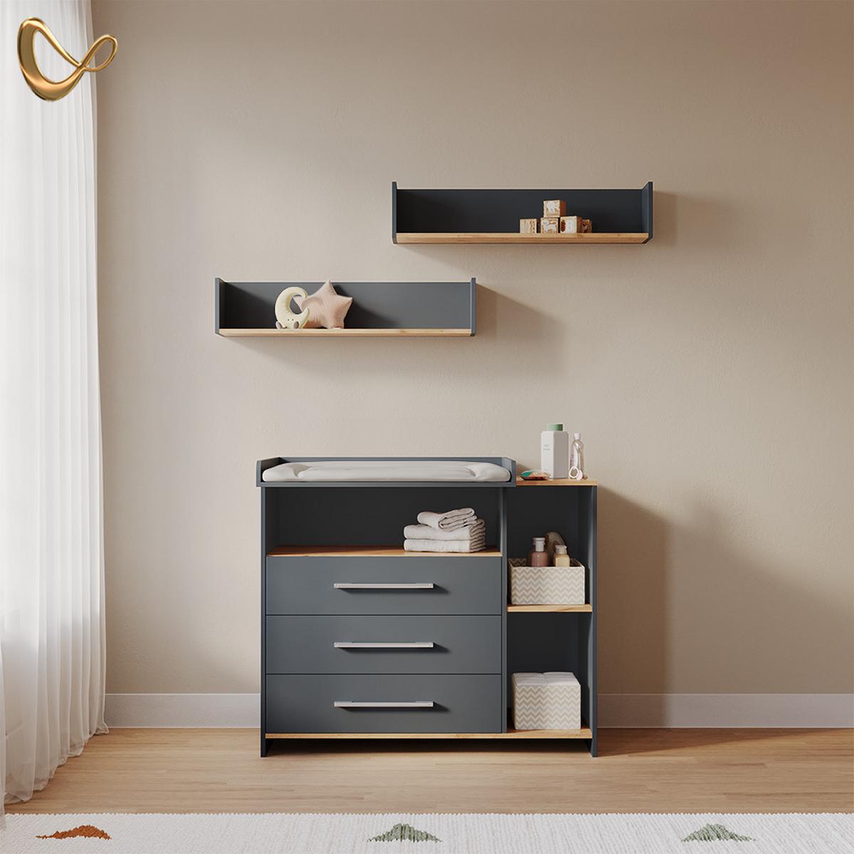 WICKELKOMMODE Torino Anthrazit/Goldkraft Eiche mit 3 Schubladen - Honigeiche/Anthrazit, Holzwerkstoff (113/93/53.1cm) - Livinity®