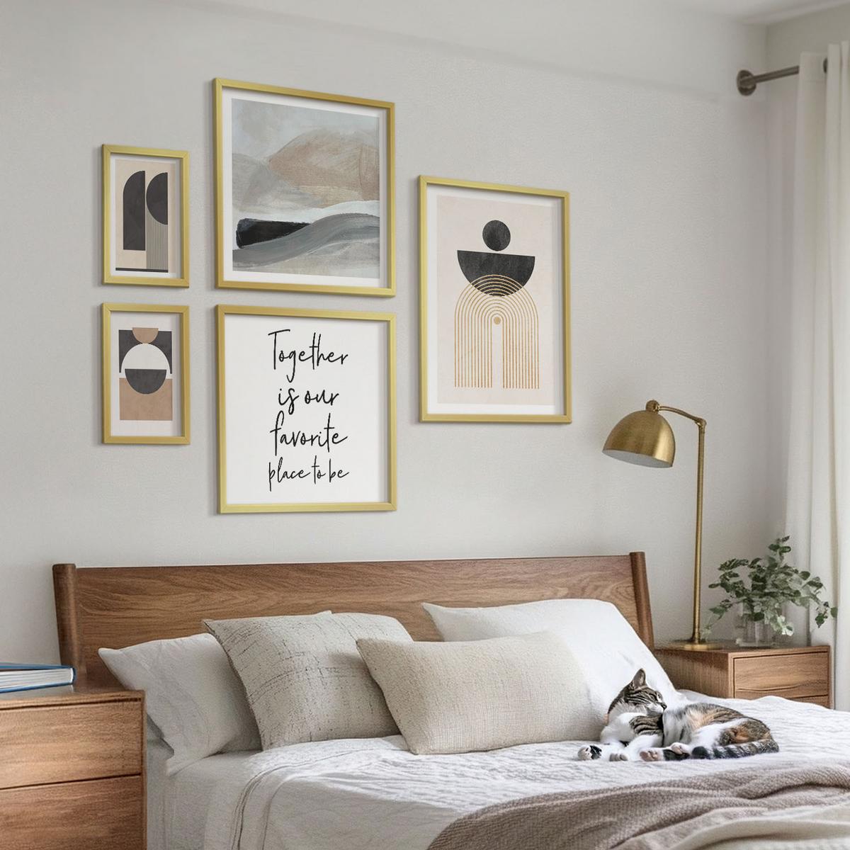 BILDER SET 5er Set - 50x50 cm & 20x30 cm & 40x60 cm Goldrahmen - Abstrakte Formen beige braun - Goldfarben, Kunststoff (40/60cm) - TULUP