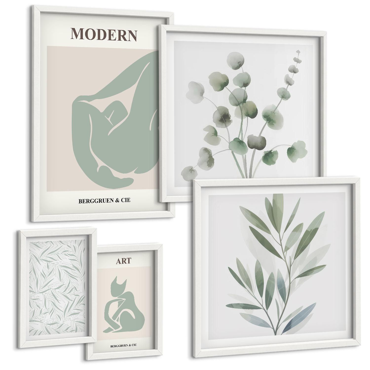 BILDER SET 5er Set - 50x50 cm & 20x30 cm & 40x60 cm Weißer Rahmen - Pflanzenmotive, zartes Grün - Weiß, Kunststoff (40/60cm) - TULUP