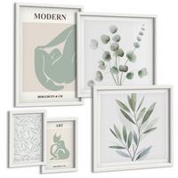BILDER SET 5er Set - 50x50 cm & 20x30 cm & 40x60 cm Weißer Rahmen - Pflanzenmotive, zartes Grün - Weiß, Kunststoff (40/60cm) - TULUP
