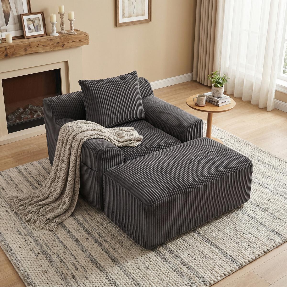 SESSEL mit Hocker in Cord Übergroßer Relaxsessel - Dunkelgrau, Textil (110/67/147cm) - Urban Meuble