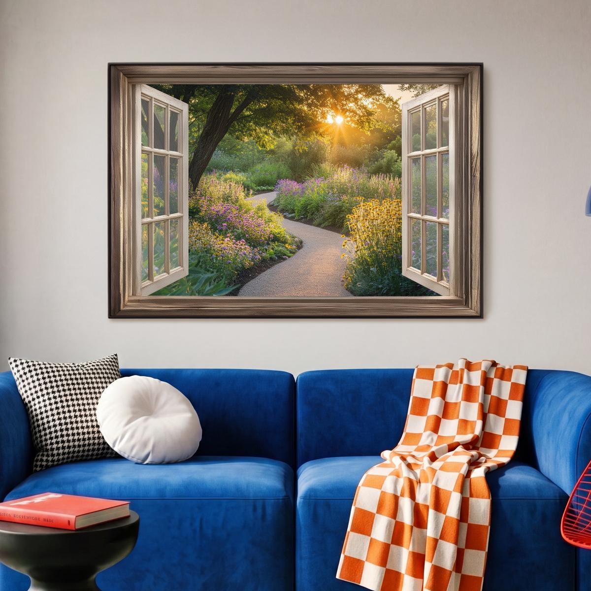 LEINWAND Bilder mit Rahmen - Aussicht - Blumen - Natur - Sonne - Weg - 90x60 - Hellgelb, Textil (90/60cm) - MuchoWow
