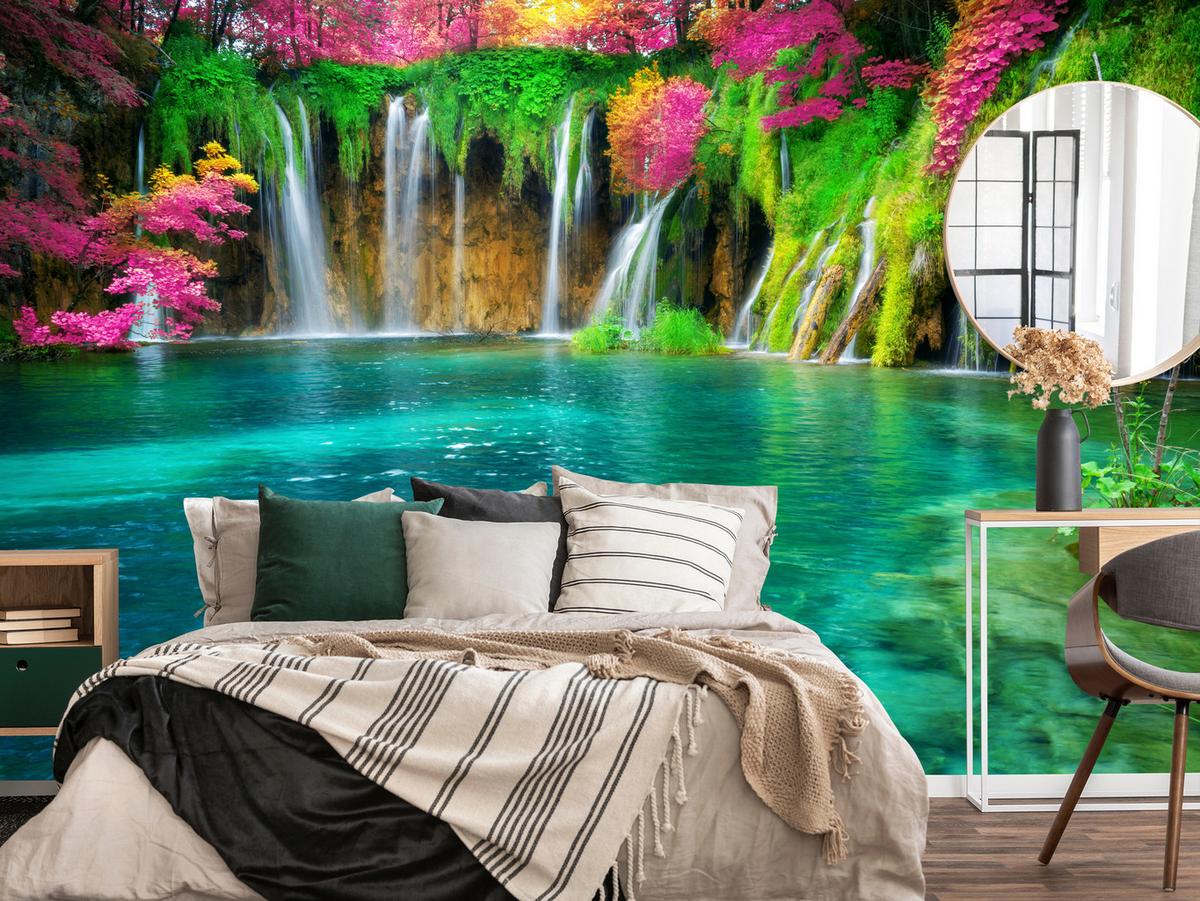FOTOTAPETE für Küche Exotischer Wasserfall Bäume Pflanzen Tropisch 300x210 - Türkis/Violett, Papier (300/210cm) - Muralo